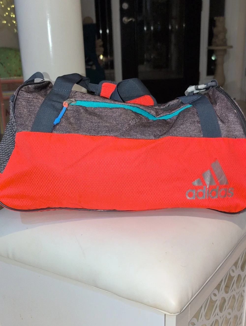 Adidas Squad 3 Red and Gray Duffel Bag with Teal Accent